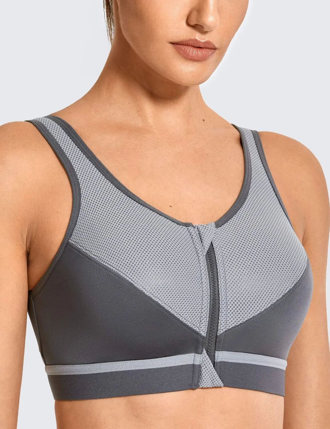 SYROKAN Women's High Impact Wireless Cross Back Support Front Zip Sports Bra