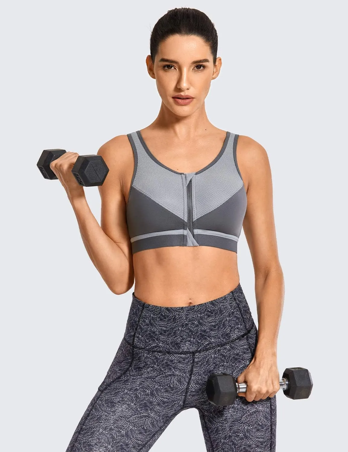 SYROKAN Women's High Impact Wireless Cross Back Support Front Zip Sports Bra