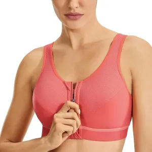 SYROKAN Women's High Impact Wireless Cross Back Support Front Zip Sports Bra