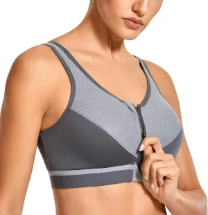 SYROKAN Women's High Impact Wireless Cross Back Support Front Zip Sports Bra