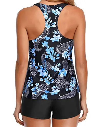 Tankini Bathing Suits For Women With Flowy Racerback 2 Piece Swimsuit-Black Floral