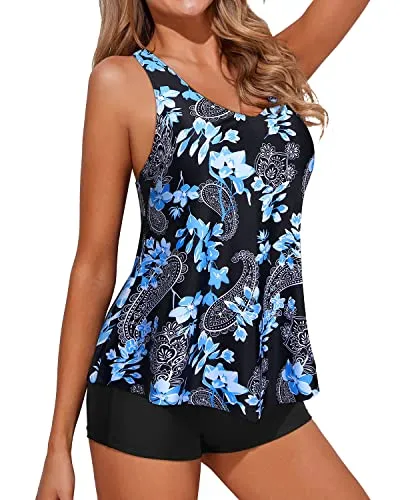 Tankini Bathing Suits For Women With Flowy Racerback 2 Piece Swimsuit-Black Floral