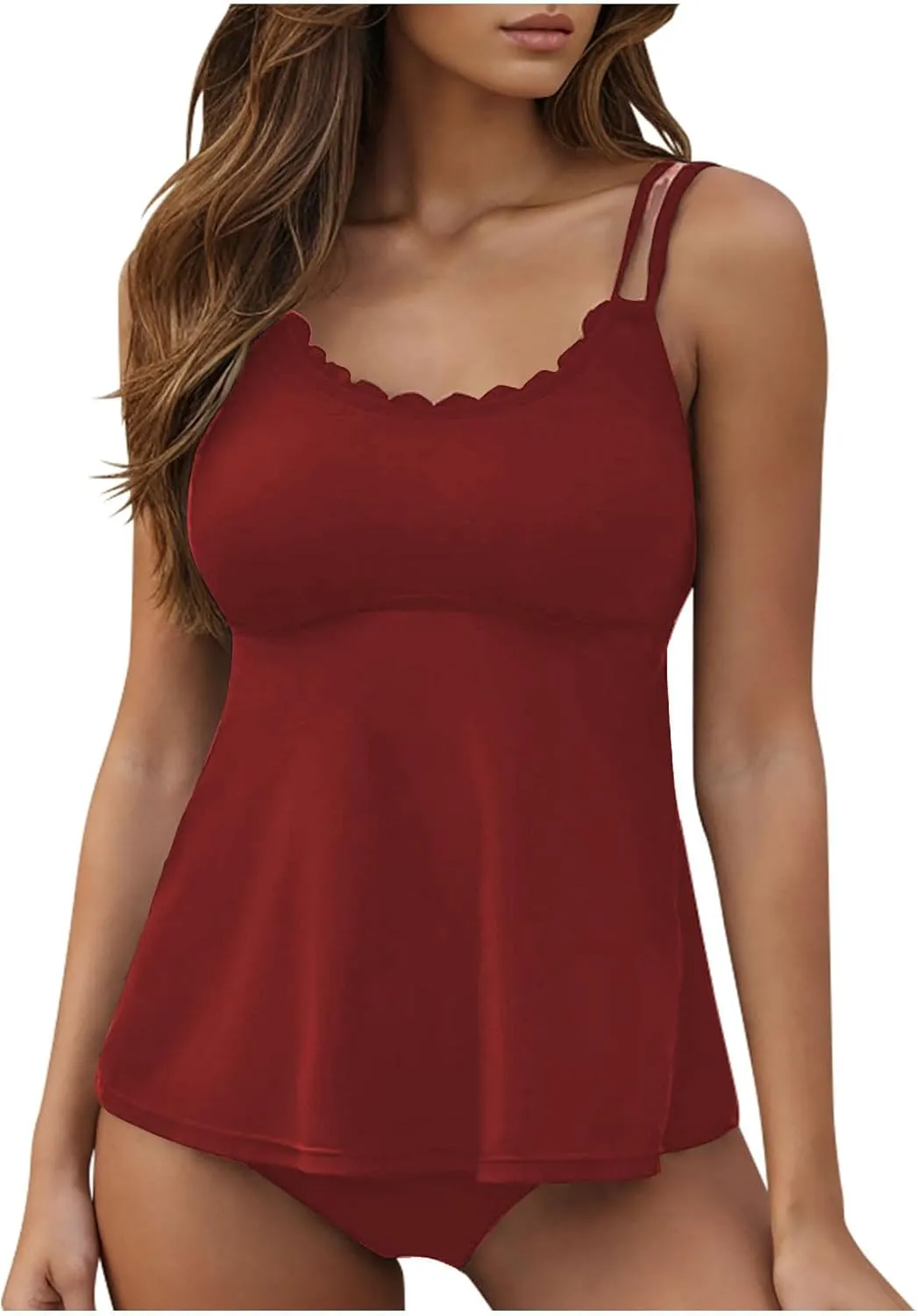 Tankini Swimsuits for Women Scallop Trim Bathing Suit High Waisted Tummy Control 2 Piece Swimsuit Swim Top and Bottom