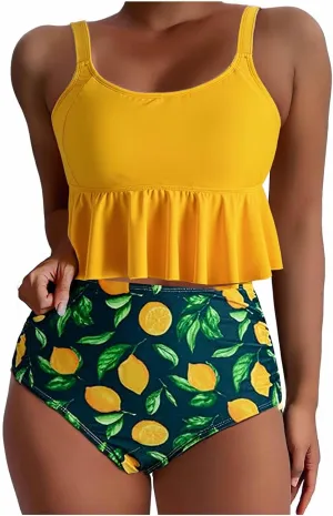 Tankini Swimsuits for Women Two Piece Tummy Control Bathing Suits Ruffle Hem Crop Top and High Waisted Bottom