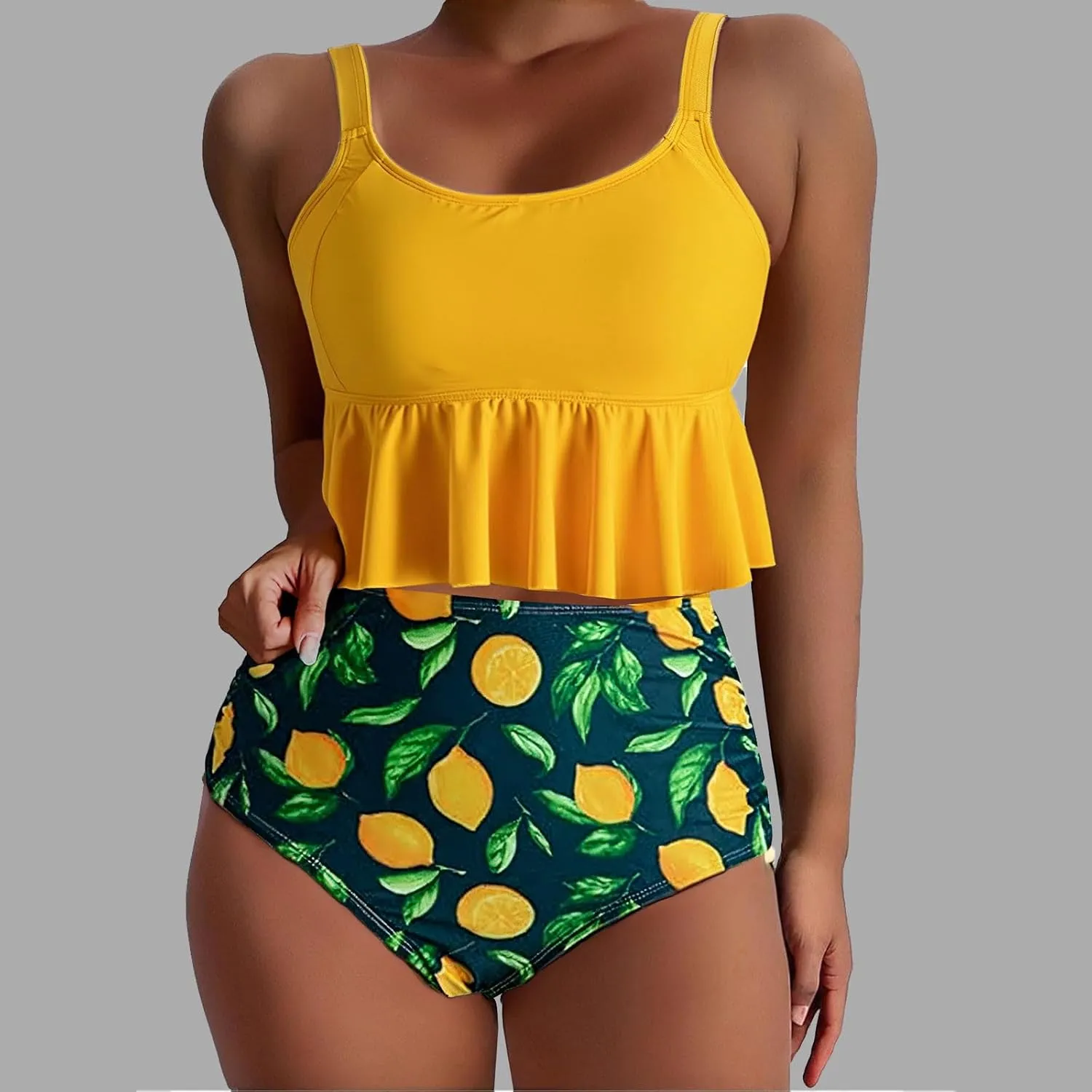 Tankini Swimsuits for Women Two Piece Tummy Control Bathing Suits Ruffle Hem Crop Top and High Waisted Bottom