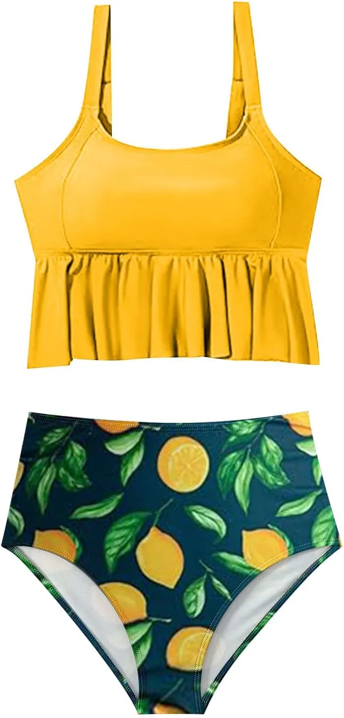 Tankini Swimsuits for Women Two Piece Tummy Control Bathing Suits Ruffle Hem Crop Top and High Waisted Bottom