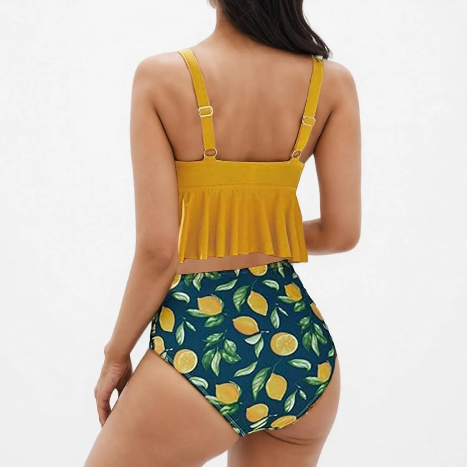 Tankini Swimsuits for Women Two Piece Tummy Control Bathing Suits Ruffle Hem Crop Top and High Waisted Bottom