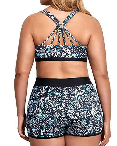 Tankini Swimsuits With Sports Bra And Boardshorts For Plus Size Ladies-Blue Floral
