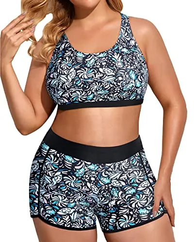 Tankini Swimsuits With Sports Bra And Boardshorts For Plus Size Ladies-Blue Floral