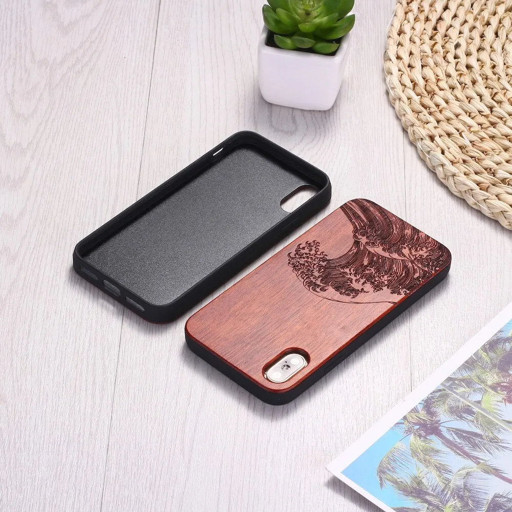 The Great Wave Engraved Wood Texture  iPhone 14 13 12 11 Phone Case
