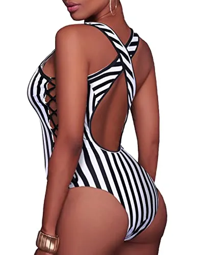 Thong Silhouette Plunge V Neck One Piece Swimsuits-Black And White Stripe