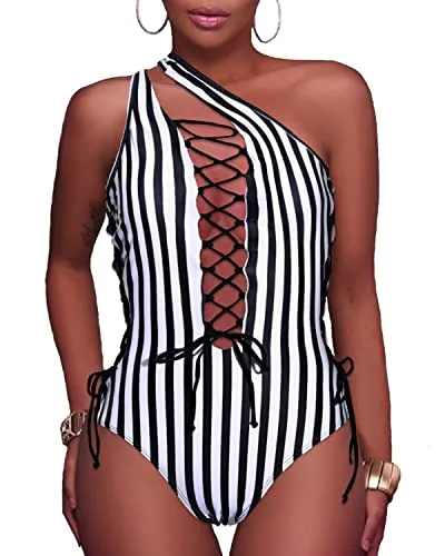 Thong Silhouette Plunge V Neck One Piece Swimsuits-Black And White Stripe