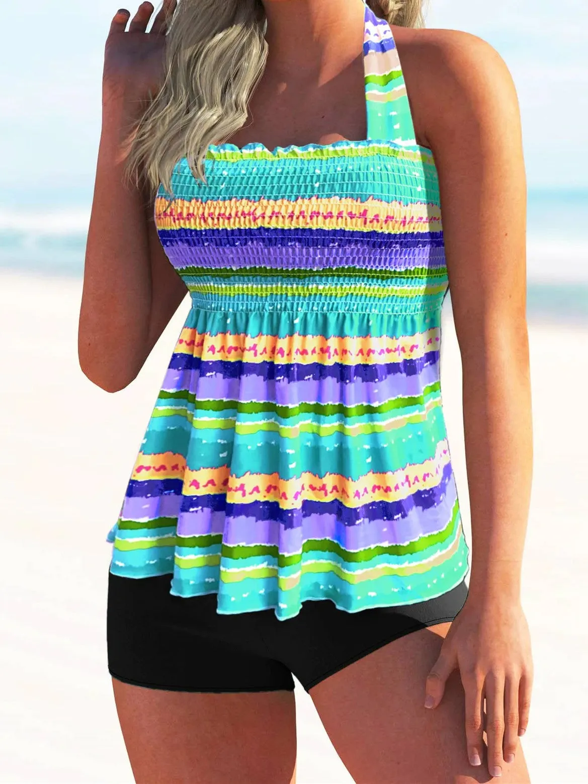 Tie Back Rainbow Stripe Shirred Tankini Set