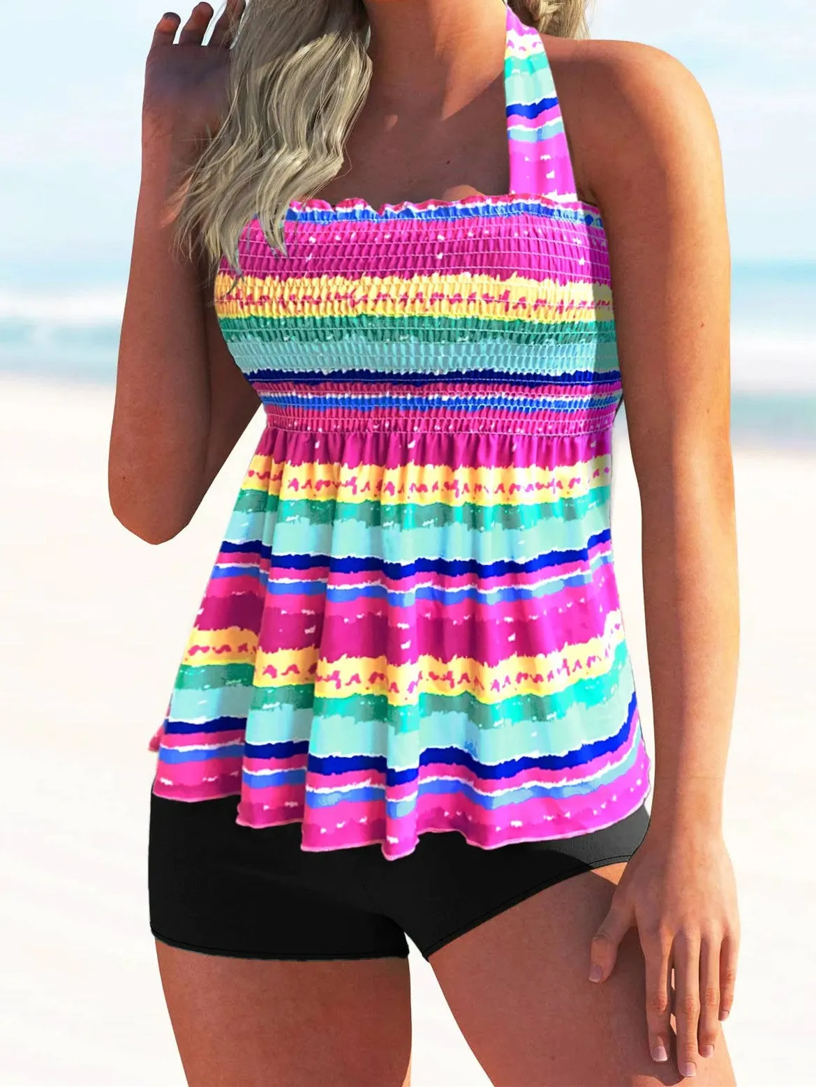 Tie Back Rainbow Stripe Shirred Tankini Set