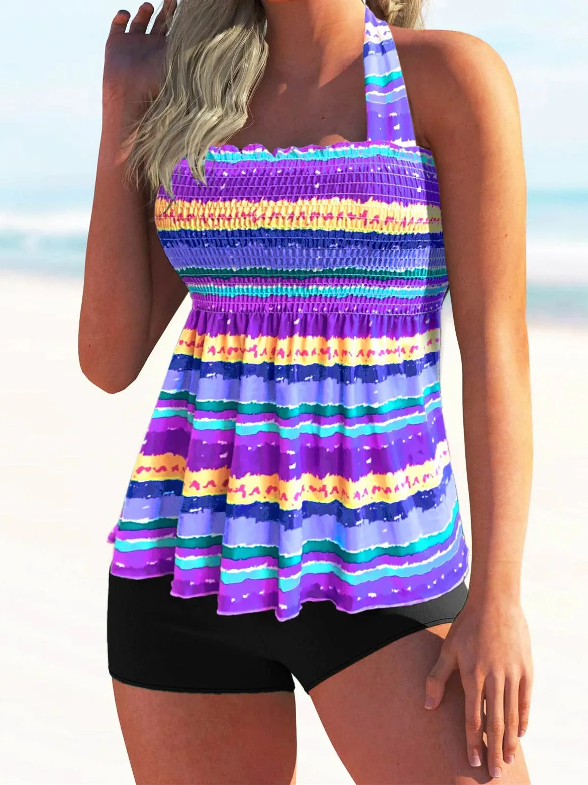 Tie Back Rainbow Stripe Shirred Tankini Set