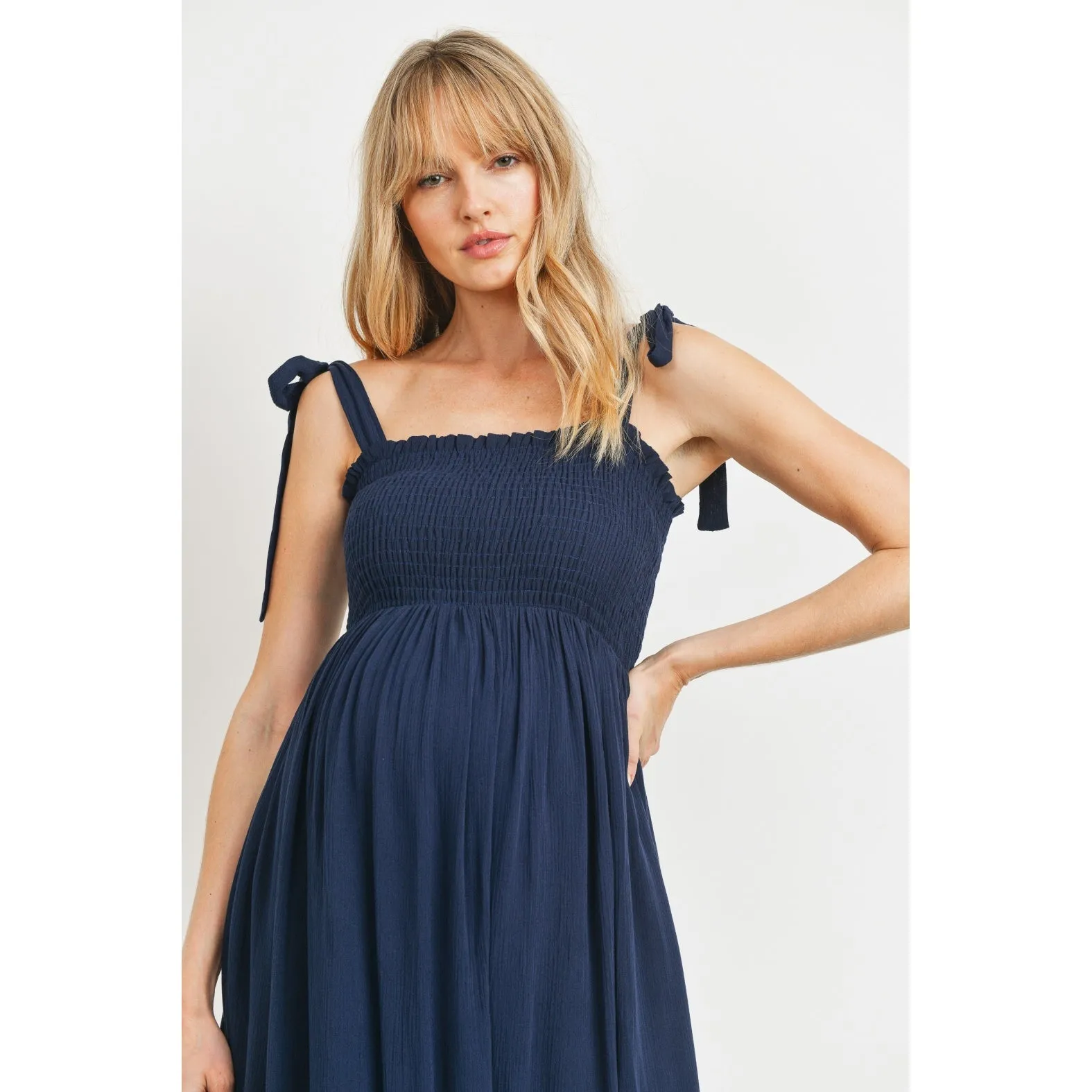 Tie Shoulder Sleeveless Smocked Maternity Dress - Navy