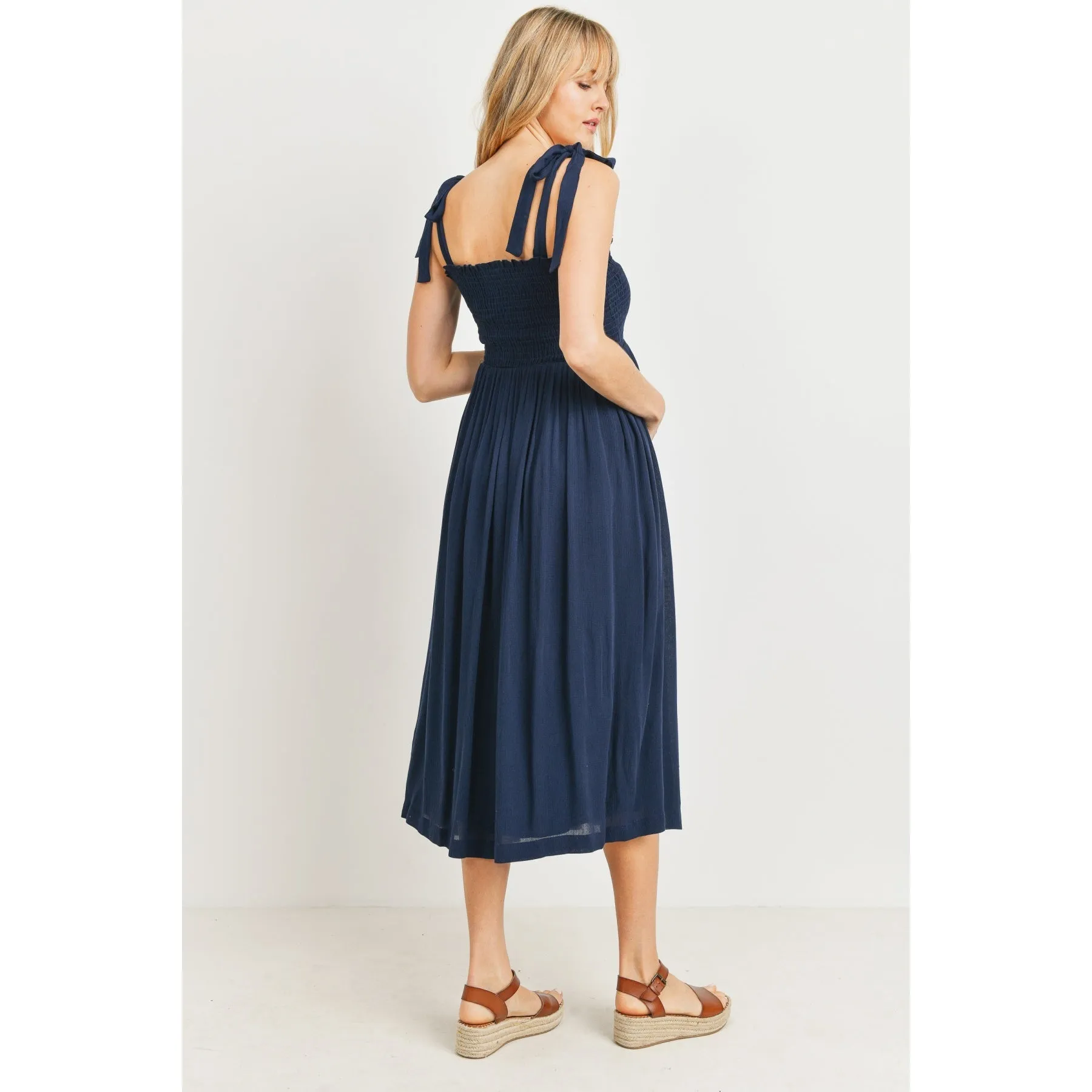 Tie Shoulder Sleeveless Smocked Maternity Dress - Navy