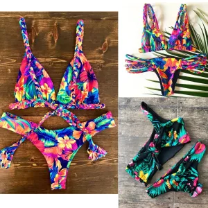 Tiny shredded print bikini sexy back strapping European style split swimsuit girl swimwear