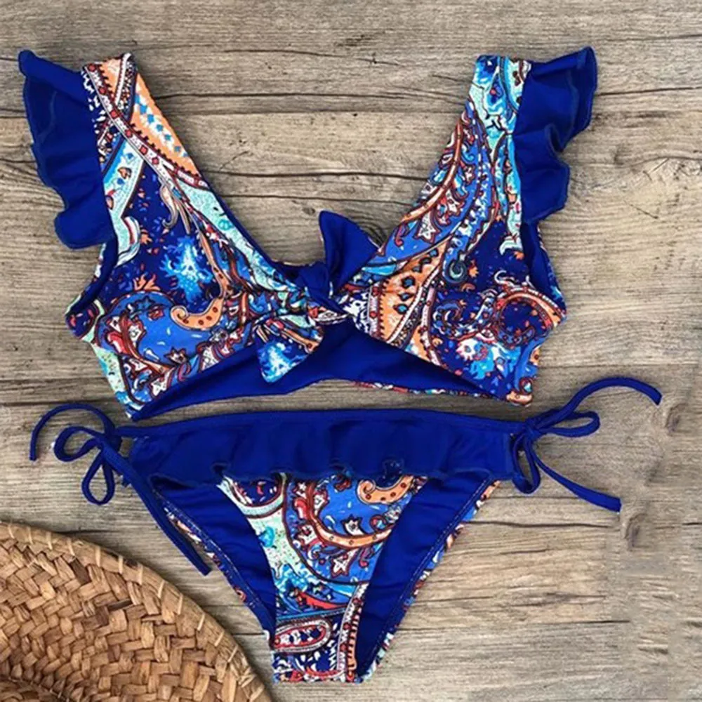 Tiny shredded print bikini sexy back strapping European style split swimsuit girl swimwear