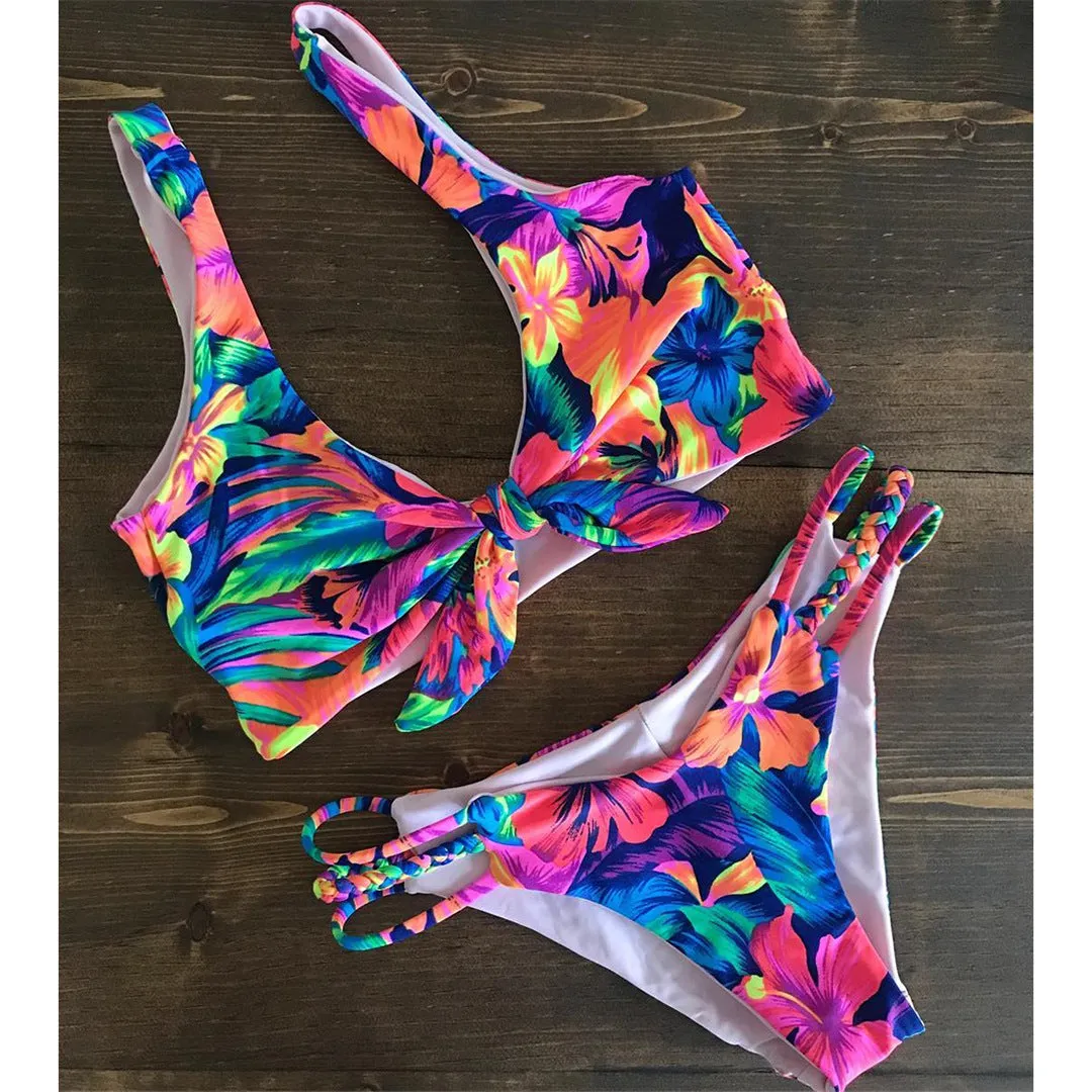 Tiny shredded print bikini sexy back strapping European style split swimsuit girl swimwear