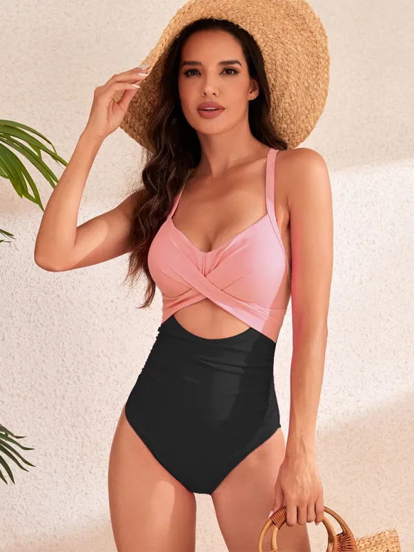 Toned Color-Block Wrap Monokini with Belly-Smoothing Swimsuit