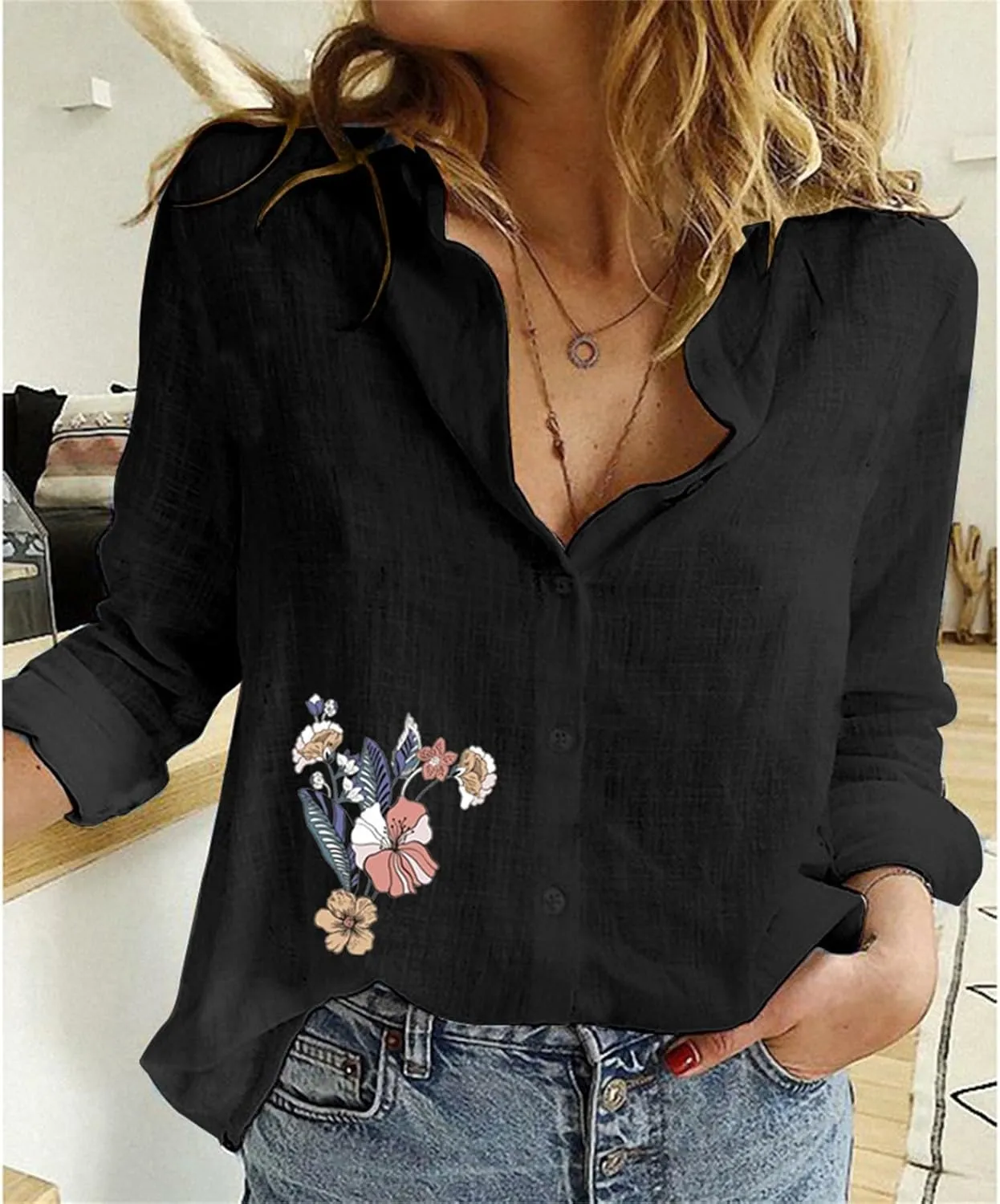 Tops for Women Trendy Summer Casual Plus Size Button Down T-Shirt Long Sleeve Linen Lightweight Fit Top with Pocket