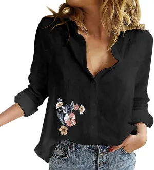 Tops for Women Trendy Summer Casual Plus Size Button Down T-Shirt Long Sleeve Linen Lightweight Fit Top with Pocket