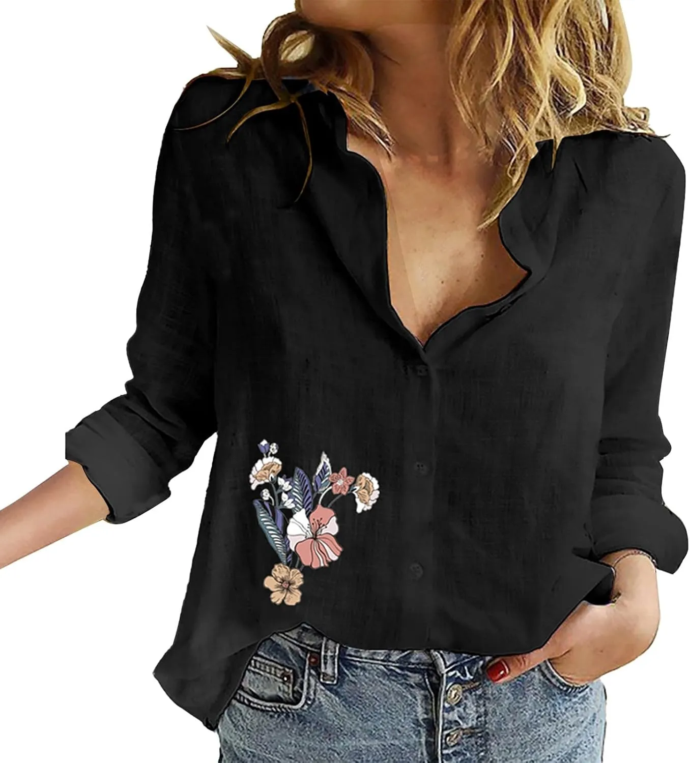Tops for Women Trendy Summer Casual Plus Size Button Down T-Shirt Long Sleeve Linen Lightweight Fit Top with Pocket