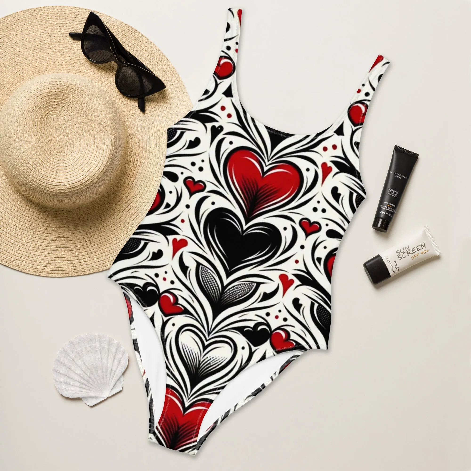 Trend4us Black Red Heart One-Piece Swimsuit