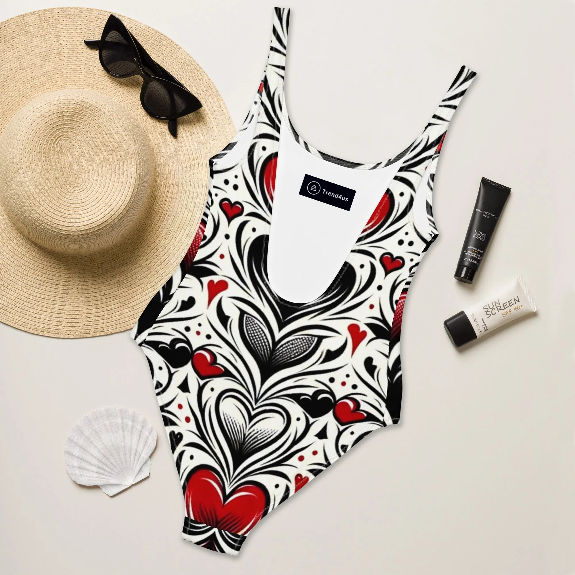 Trend4us Black Red Heart One-Piece Swimsuit