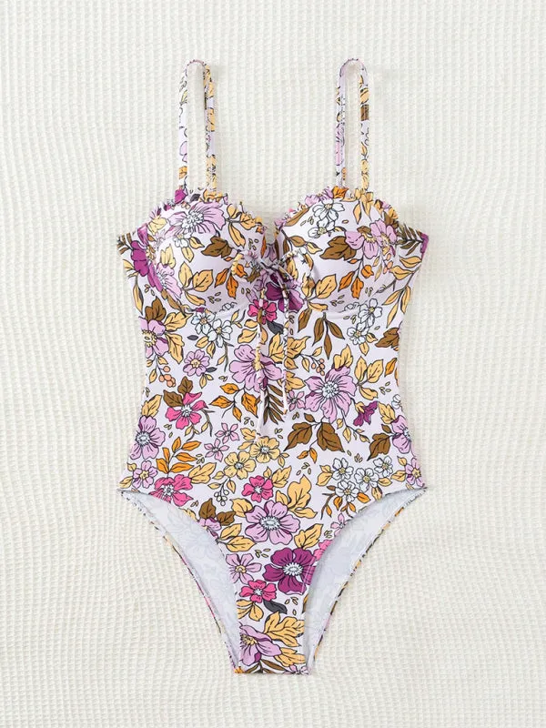 Trendy Floral Frill Push-Up One-Piece Swimsuit for Pool Parties