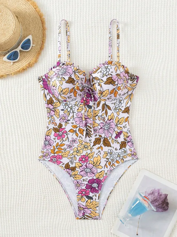 Trendy Floral Frill Push-Up One-Piece Swimsuit for Pool Parties