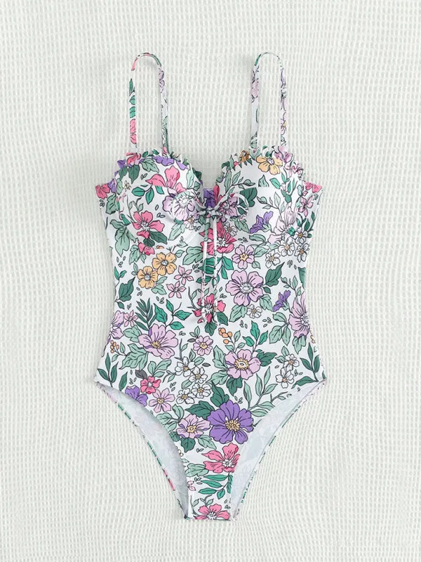 Trendy Floral Frill Push-Up One-Piece Swimsuit for Pool Parties