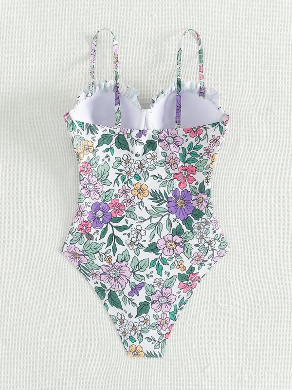 Trendy Floral Frill Push-Up One-Piece Swimsuit for Pool Parties