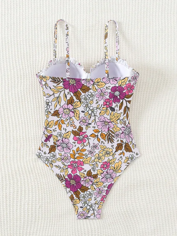 Trendy Floral Frill Push-Up One-Piece Swimsuit for Pool Parties