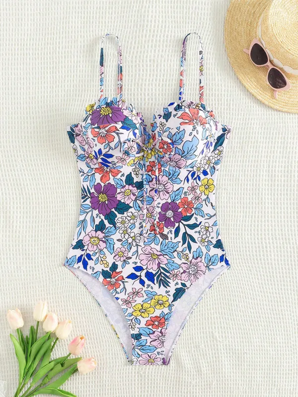 Trendy Floral Frill Push-Up One-Piece Swimsuit for Pool Parties