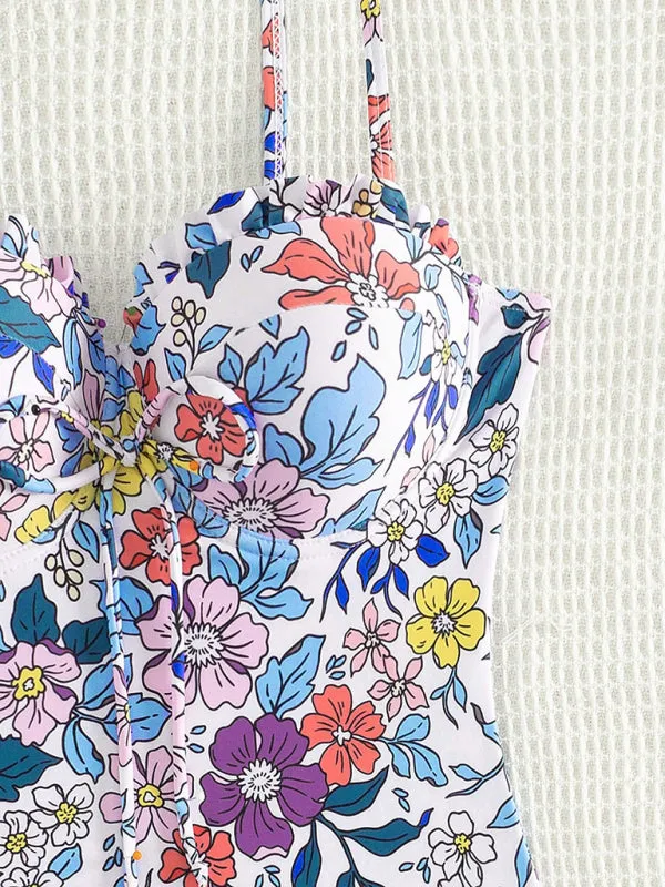 Trendy Floral Frill Push-Up One-Piece Swimsuit for Pool Parties