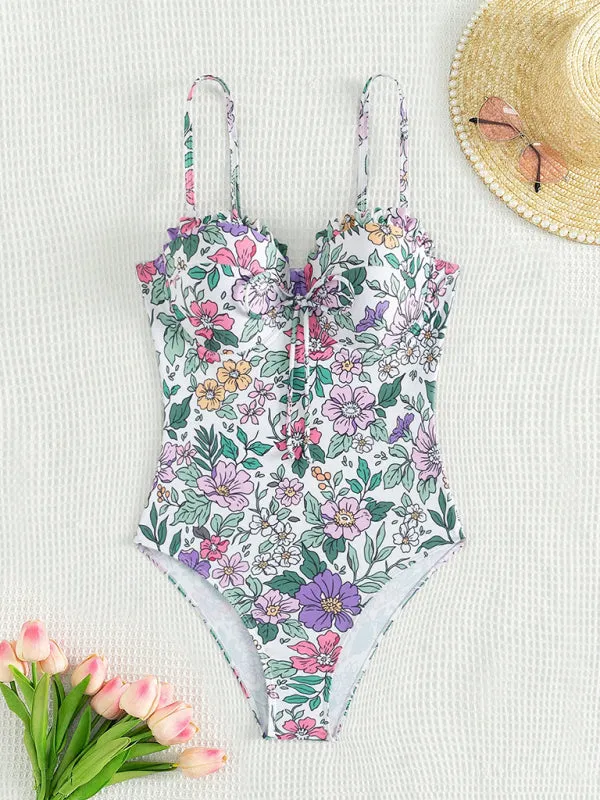 Trendy Floral Frill Push-Up One-Piece Swimsuit for Pool Parties