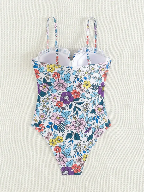 Trendy Floral Frill Push-Up One-Piece Swimsuit for Pool Parties