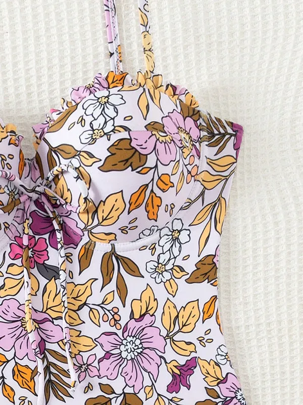 Trendy Floral Frill Push-Up One-Piece Swimsuit for Pool Parties
