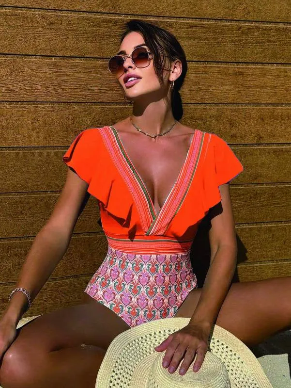 Trendy Paisley Ruffle One-Piece Swimwear with Tummy Control