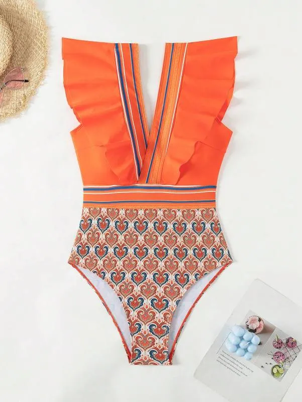 Trendy Paisley Ruffle One-Piece Swimwear with Tummy Control