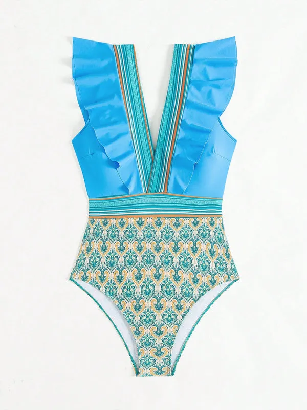 Trendy Paisley Ruffle One-Piece Swimwear with Tummy Control