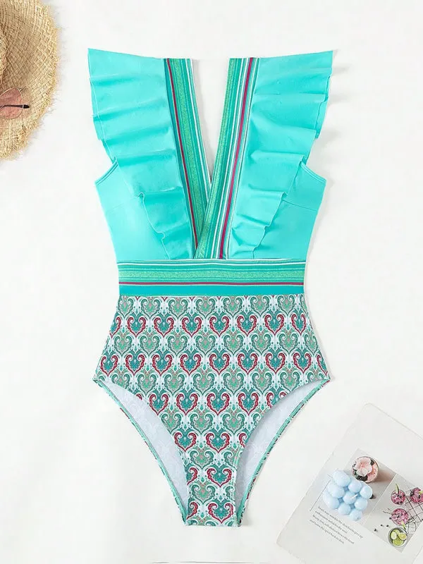 Trendy Paisley Ruffle One-Piece Swimwear with Tummy Control