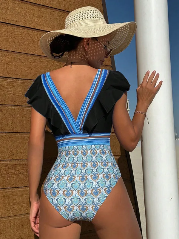 Trendy Paisley Ruffle One-Piece Swimwear with Tummy Control