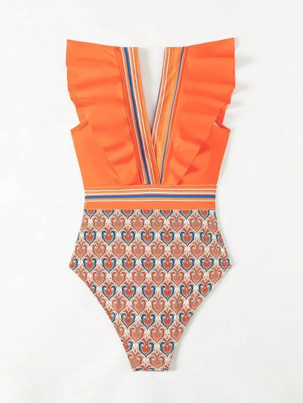 Trendy Paisley Ruffle One-Piece Swimwear with Tummy Control