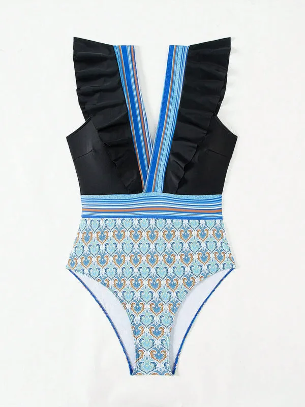 Trendy Paisley Ruffle One-Piece Swimwear with Tummy Control