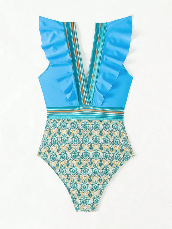 Trendy Paisley Ruffle One-Piece Swimwear with Tummy Control