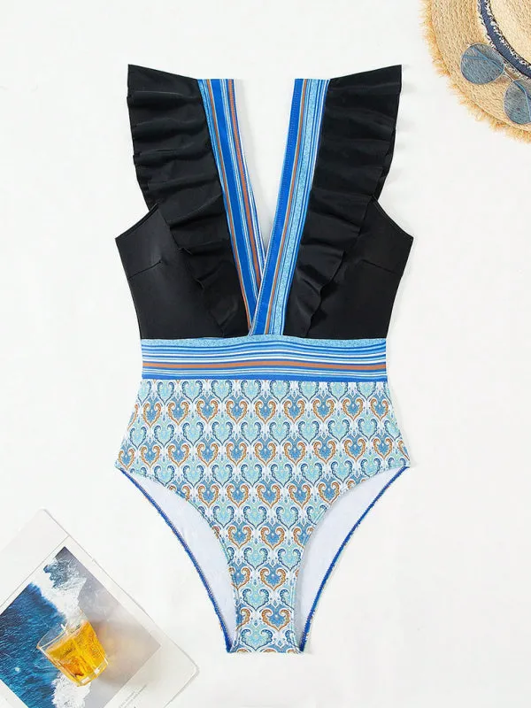 Trendy Paisley Ruffle One-Piece Swimwear with Tummy Control