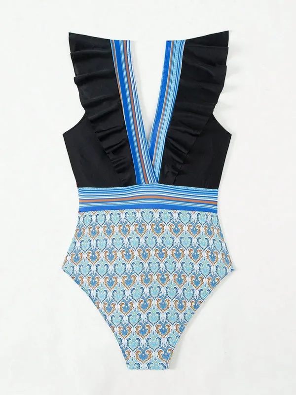 Trendy Paisley Ruffle One-Piece Swimwear with Tummy Control